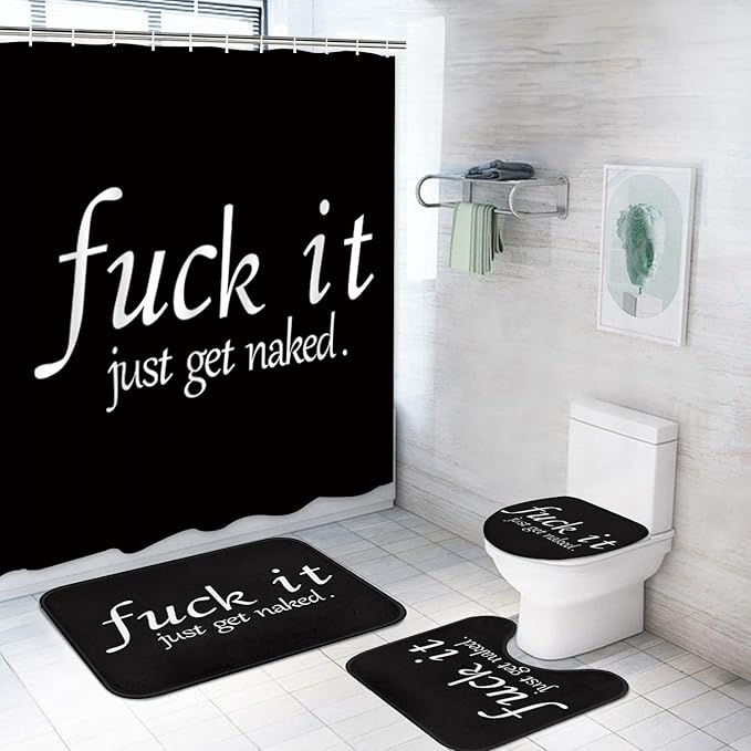 ArtSocket 4PC Funny Get Naked Shower Curtain Sets Bathroom Decor with Rugs, Non-Slip Rug,Toilet Lid Cover, Bath Mat and 12 Hooks 72x72 inches
