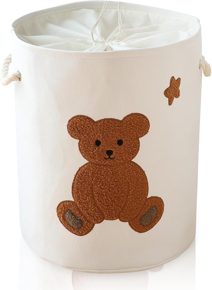 INough Large Laundry Basket Tall Baskets Storage for Dirty Clothes, Toys Storage Bins Baby Hamper 58L Clothes Hamper Blanket Basket Baby Toys Organizer for Nursery Bedroom Living Room Decor, Bear