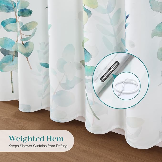 Green Blue Leaf Fabric Shower Curtain, Watercolor Eucalyptus Leaves Plant Shower Curtain, Waterproof Decorative Boho Botanical Bathroom Curtains, 72" W x 72" H