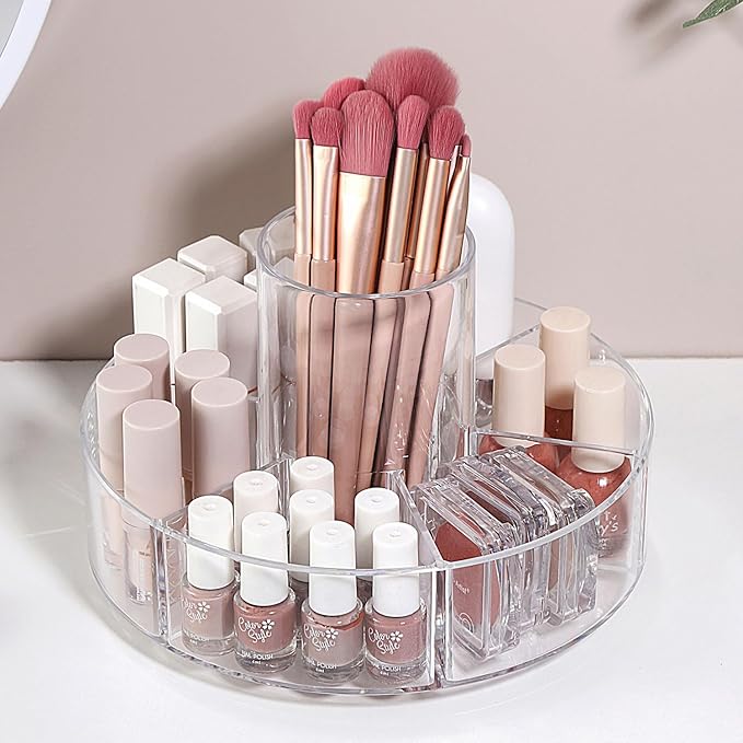 360° Rotating Makeup Organizer, Makeup Brush Holder, Lazy Susan Turntable Storage Tray with 6 Compartment as Cosmetic Display Case, Perfume Organizer and Bathroom Counter Organizer, Clear