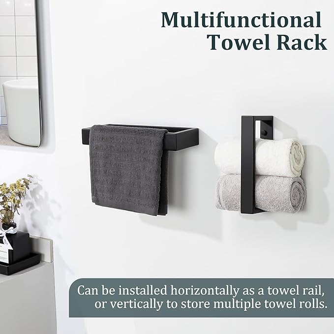 Sayayo Mate Black Towel Bar for Bathroom Wall, 8 Inch Hand Towel Holder, Screw or Self Adhesive Towel Ring Square SUS304 Stainless Steel, 3.2 Inch Wider Design