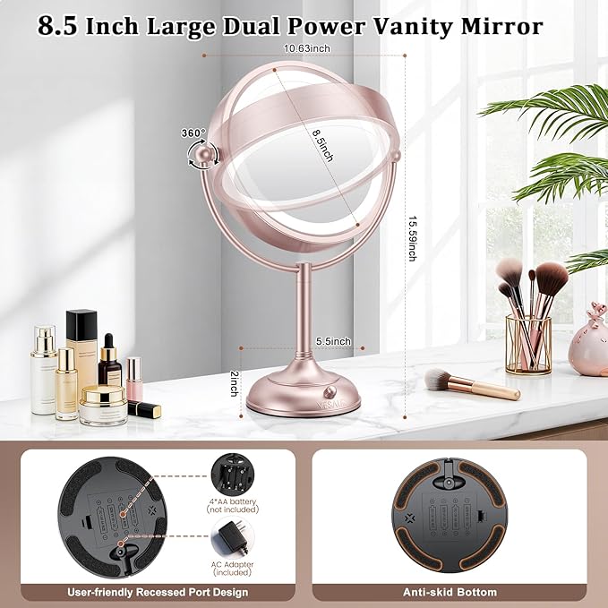 VESAUR Lighted Makeup Mirror Rose Gold Nickel, Double Sided 1X/10X HD Undistorted Magnifying Mirror, 8.5" Vanity Mirror with 3 Colors Dimmable 90 Bright LEDs, 360°Swivel Two Power Supply, Luxury Gifts