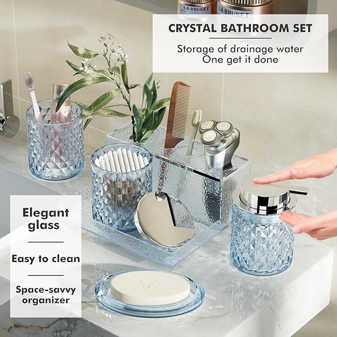 BSSN 20-Piece Blue Glass Bathroom Accessories Set with Shower Curtain and Rugs, Soap Dispenser, Qtip Jar, Toothbrush Holder, All-in-One Complete Bath Decor for Home and Apartment