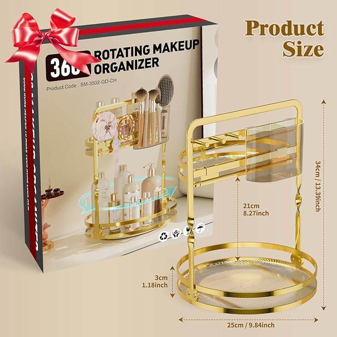 360 Rotating Makeup Organizer, Gold Perfume Organizer, 2 Tier Bathroom Counter Organizer, Multi-Function Spinning Skincare Storage, Cosmetic Display Case with Brush Holder for Vanity Dresser