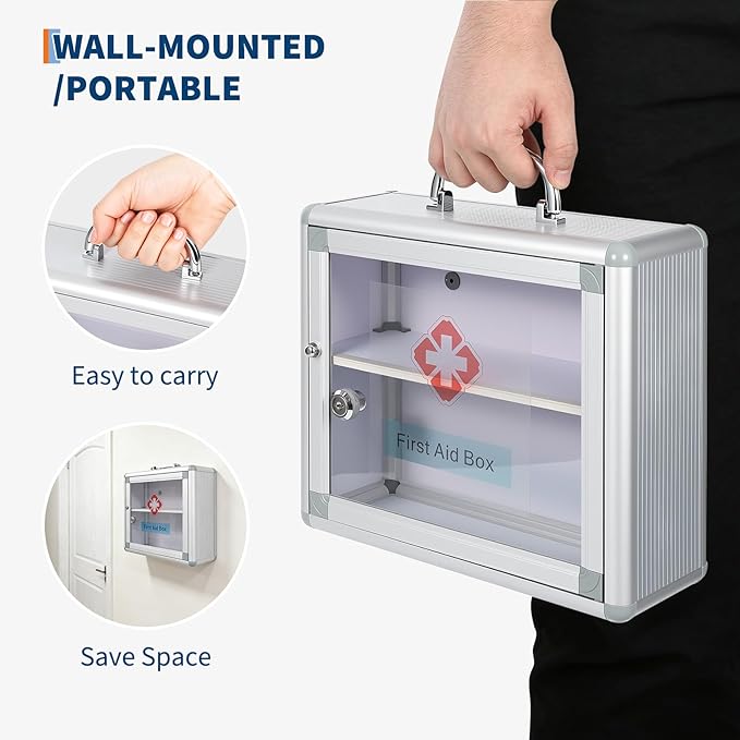 Garvee Small Lockable Medicine Cabinet with Handle,Protable First Aid Cabinet Wall Mount with Sticker for Bathroom,11.42"×4.33"×9.84",Sliver