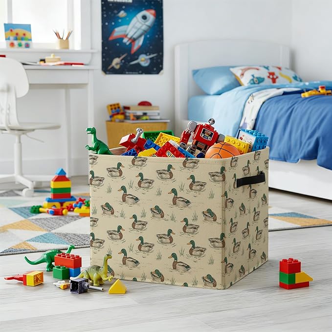 Vintage Mallard Duck Storage Bin Box with Handles, Rustic Pond Mallard Duck Foldable Baskets Organizer for Kids Room Nursery Bedroom Bathroom Clothes Toys Books, Toybox for Boys