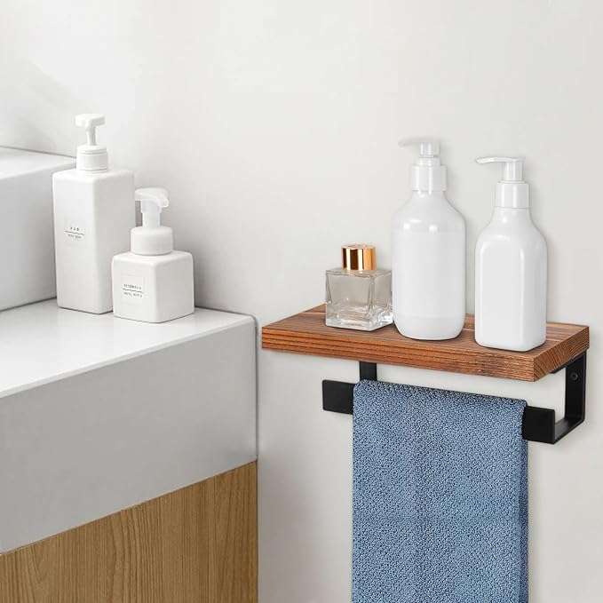Hand Towel Holder/Towel Ring with Wooden Shelf, Hand Towel Rack, Hand Towel Hanger for Bathroom, Bath Accessories Wall Mounted, Matte Black (9"-Squ Shaped)