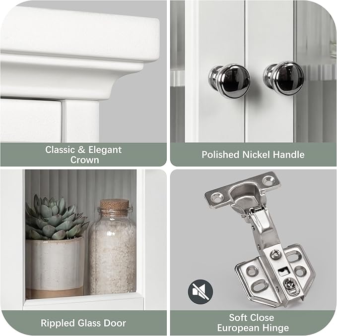 Wall Mounted Bathroom Cabinet with Fluted Glass Doors, Medicine Cabinet with Soft-Close Hinges, Space Saving Wall Organizer for Bathroom Above Toilet Storage (White)