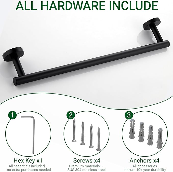 Miyili Matte Black 24" Towel Bar SUS 304 Stainless Steel Towel Holder for Bathroom or Kitchen Wall Mount
