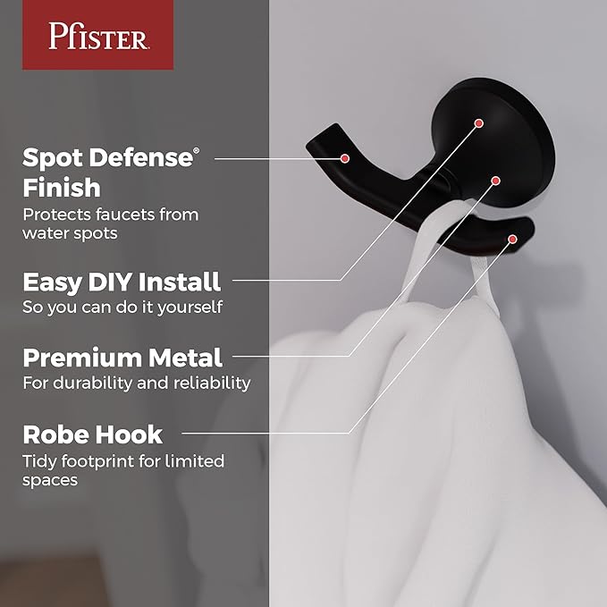 Pfister Vedra Towel Hook, Bathroom Towel & Robe Hook, Wall-Mounted, Screw-in, Matte Black Finish, BRHVED0B