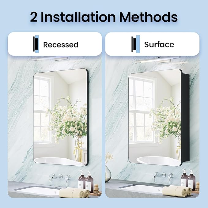 Tall Black Medicine Cabinet 20x30 Inch, Bathroom Wall Mirror Cabinet with Storage, 6-Tier Adjustable Glass Shelving, Waterproof Aluminum Frame, Quiet Soft Close, Modern Vanity Decor