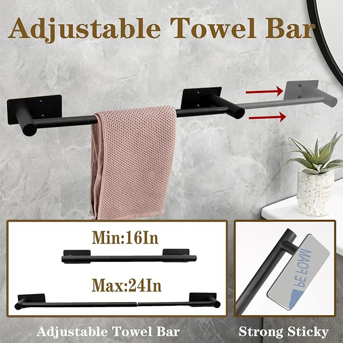 Self Adhesive Bath Towel Bar, Stainless Steel Towel Racks for Bathroom Sticky & Wall Mounted Install Towel Holder,Heavy Duty Towel Rod Rustproof Towel Hanger for Bathroom(Brushed Nickel,24In)