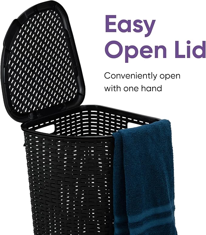 Plastic Corner Laundry Hamper with Lid, Curved Designed Laundry Basket, Triangle Black Cloths Hamper Organizer with Cut-out Handles for Laundry Room Bedroom Bathroom, Wicker Design, 50 Liter