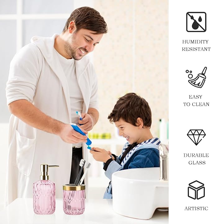 Glass Bathroom Accessories Set, 2PCS Clear Glass Bathroom Accessory, Toothbrush Holder and Soap Dispenser Set for Modern Bathroom Decor(Pink)
