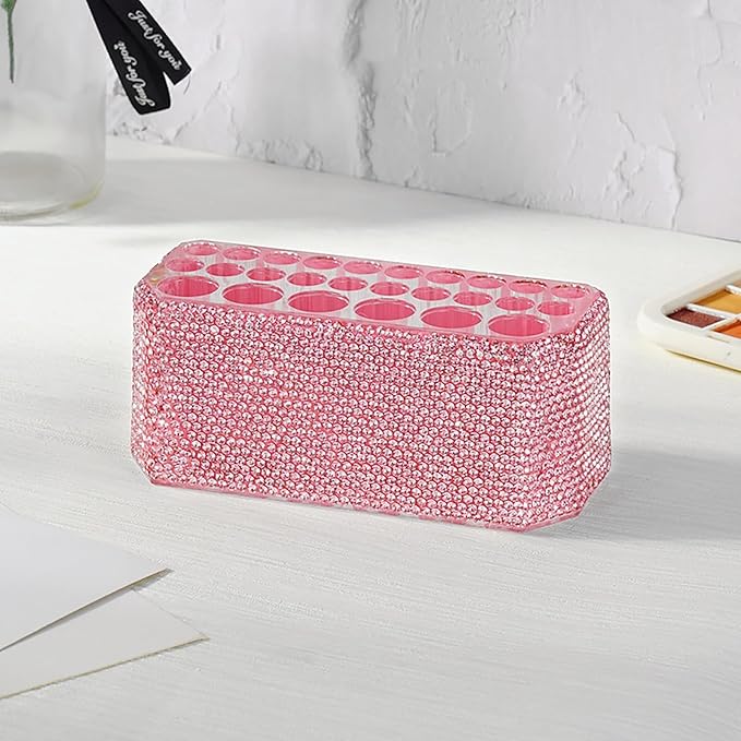 Clear Acrylic Makeup Eyeliner Lip Liner Holder Organizer,Bling Crystal Makeup Brush Holder,26 Spaces (Pink)