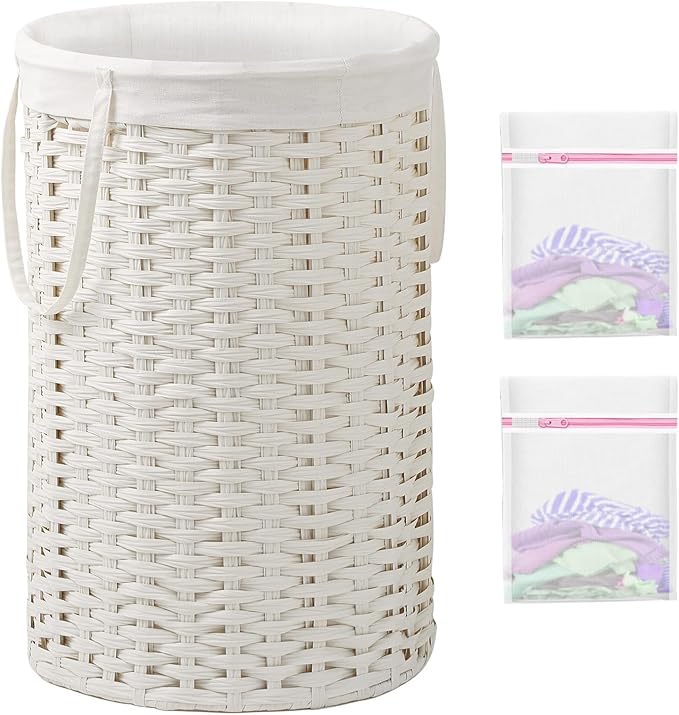 SETVSON 34.3 Gal (130 L) Large Laundry Hamper Laundry Basket Round Handwoven Wicker Laundry Baskets Rattan Laundry Basket with Removable Bag Handles 2 Mesh Bags for Living Room Bedroom White (No Lid)