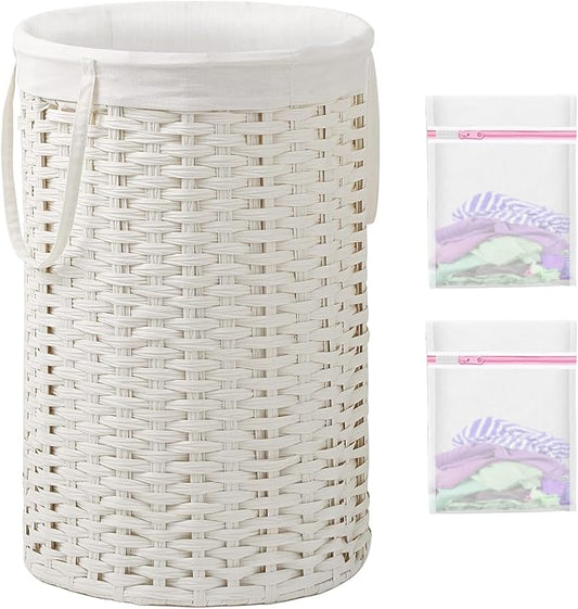 SETVSON 34.3 Gal (130 L) Large Laundry Hamper Laundry Basket Round Handwoven Wicker Laundry Baskets Rattan Laundry Basket with Removable Bag Handles 2 Mesh Bags for Living Room Bedroom White (No Lid)