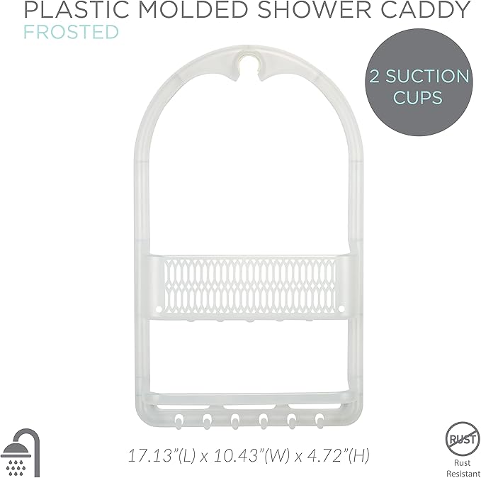 Bath Bliss Molded Shower Caddy | Bathroom Storage | Hangs Over Shower Head | 6 Accessory Hooks | Holds Razors | Washcloths | Accessories | Suction Cup Stability | White
