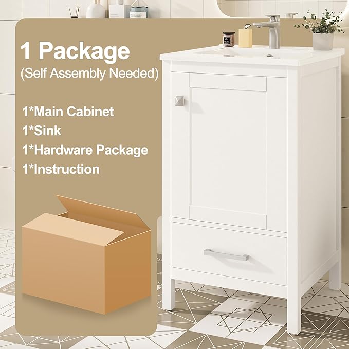 Virubi 20" Small Bathroom Vanity with Sink, Soft-Close Drawer and Door, Wood Modern Single Bathroom Sink Cabinet with Doors and Shelves, Adjustable Foot Pads, for Small Space (White)