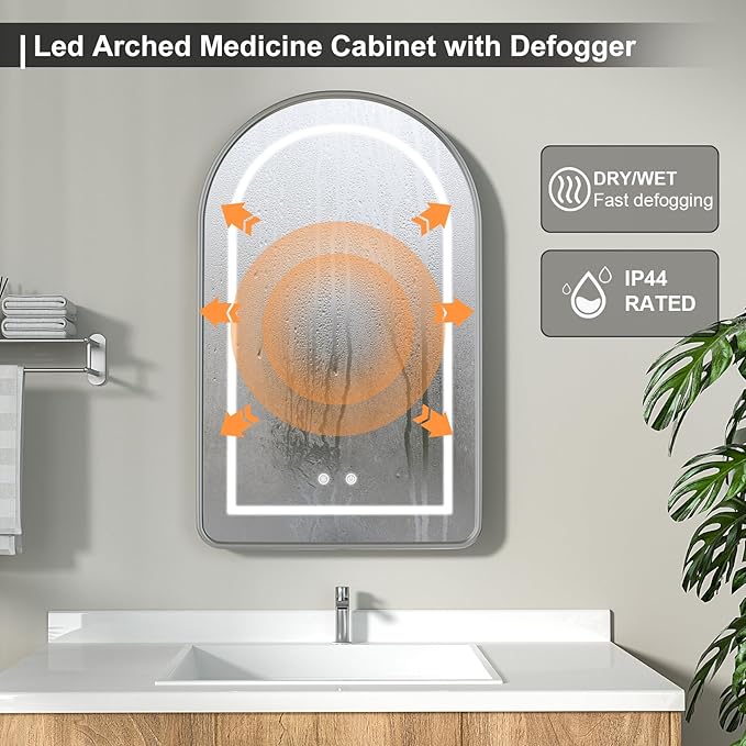 20x31 Inch Arched LED Medicine Cabinet with Mirror - Oil Rubbed Nickel Metal Frame, Lighted Arched Bathroom Mirror Cabinet, Mirror Cabinet with Storage for Bathroom,Dimmable,Defogger