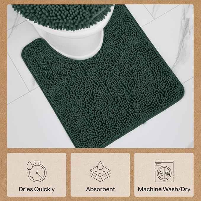 GORILLA GRIP Plush Absorbent Shaggy Chenille Bath Rug Mat for Oval Toilet Base with Rubber Backing, Machine Washable Rugs, Soft Microfiber Contour Mats for Toilets, Bathroom Decor, Hunter