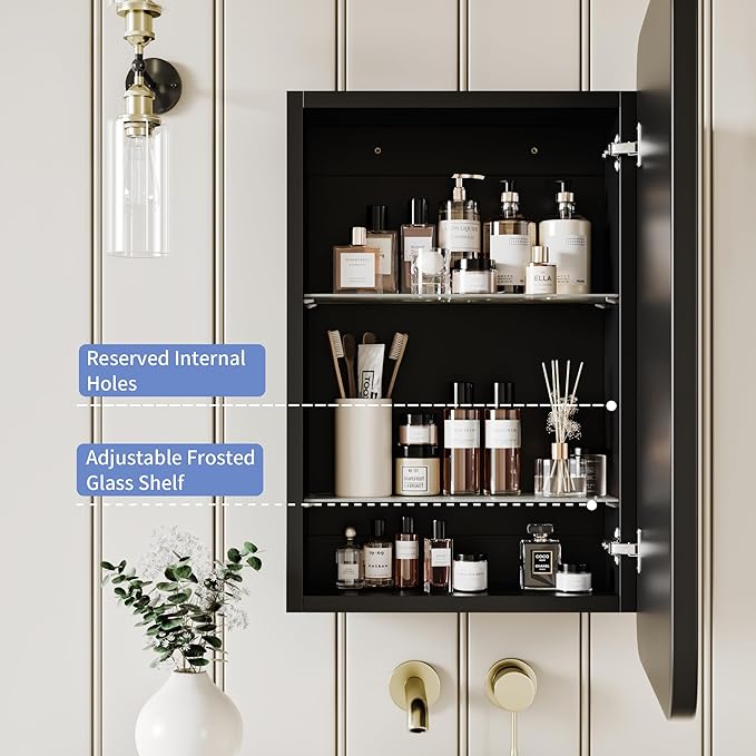 AGDULL Vintage-Style Bathroom Wood Black Cabinet with 16.5''x24'' Black Metal Frame Curved Mirror, Recessed Medicine Cabinet, in Wall or Surface Mount Bathroom Storage Cabinet