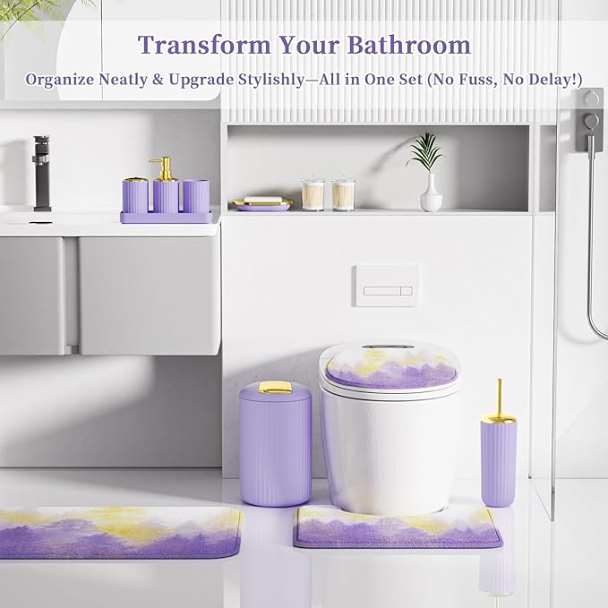 Purple and Gold Bathroom Accessories, Bathroom Sets with Shower Curtain and Rugs, Bath Rugs Accessory Set with Bathroom Trash Can, Soap Dispenser, Soap Dish for Home Decor