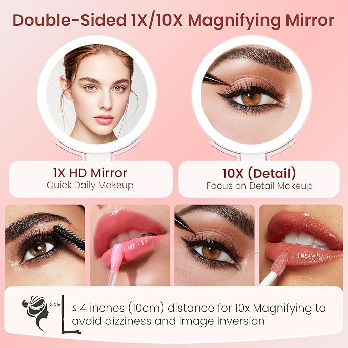 Magnifying Mirror with Light, Double-Sided 10X/1X Lighted Makeup Mirror with Magnification, Rechargeable Makeup Mirror with Lights, 3 Color Lighting, 3 in 1 Tabletop/Handheld/Hanging Travel Mirror