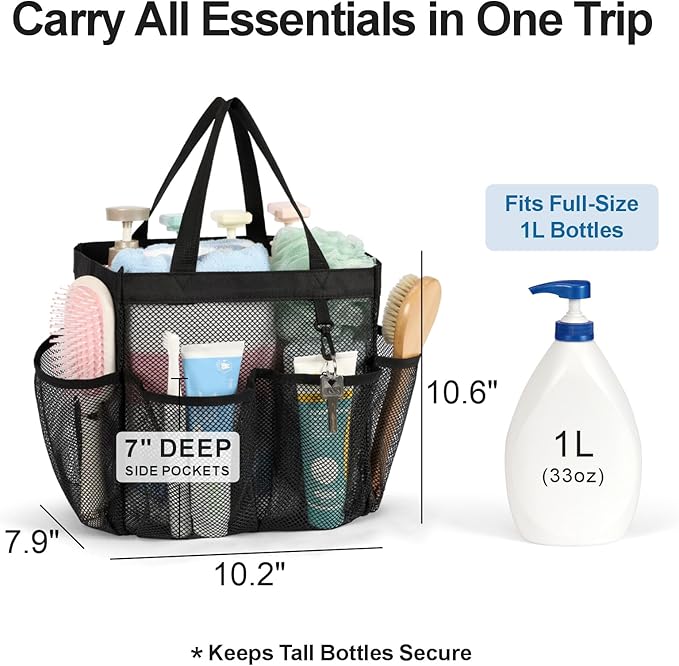 F-color Mesh Shower Caddy Portable for College Dorm Room Essentials with S Hook, 8 Pockets 2 Handles Quick Dry Shower Bag for Camping, Travel, Gym, Bathroom, Hanging Toiletry Organizer, Black