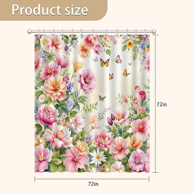 Floral Shower Curtain，Colorful Flower Butterfly Spring Summer Bathroom Decor, Waterproof Cloth Fabric Shower Curtains with 12 Hooks，72" W x 72" L