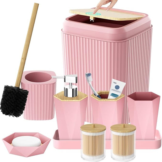 BSSN 10-Piece Pink Bathroom Accessories Set - Unbreakable Modern Bath Decor with Bamboo Accents - Includes Trash Can, Toilet Brush, Soap Dispenser, Tray, 2 Q-tip Holders - Complete Essentials