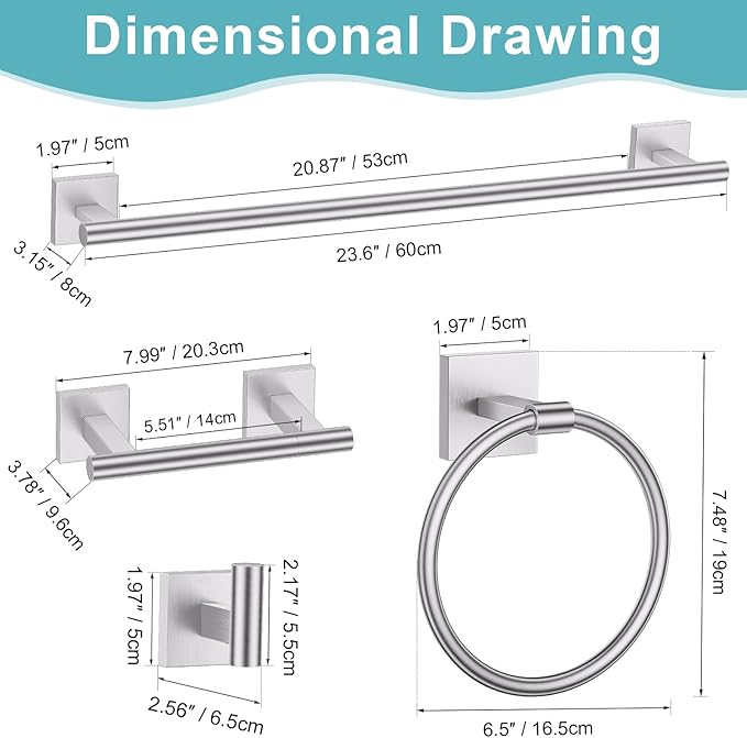 10 Pieces Brushed Nickel Towel Bar Set, Double Dase Toilet Paper Holder Bathroom Hardware Set, 23.6 Inch Stainless Steel Towel Rack for Bathroom Wall Mounted