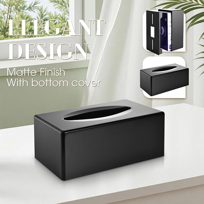 Y-in Hand Tissue Box Cover, Rectangular Facial Tissue Holder with Bottom, Decorative Storage Organizer Box for Bathroom Vanity, Countertops, Dressers, Night Stand, Parlors and Offices - Black