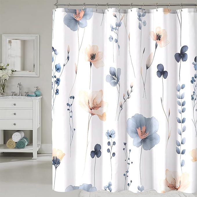 Blue Beige Floral Shower Curtain, Watercolor Flower Shower Curtains for Bathroom, Modern Minimalist Waterproof Fabric Bath Decoration 72x72 Inch