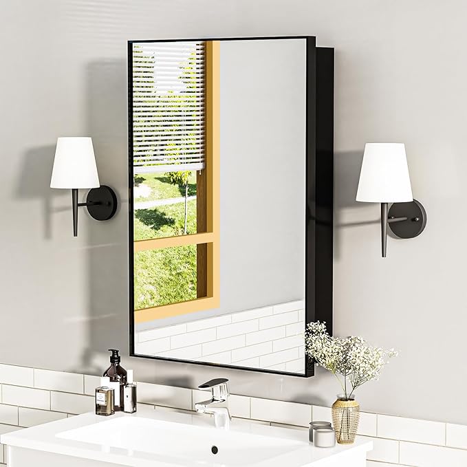 Matte Black Medicine Cabinet with Mirror 17x30 Inch, Surface Mount Only with 3 Adjustable Tempered Glass Shelves, Wall Mounted Bathroom Storage Cabinet Over Vanity