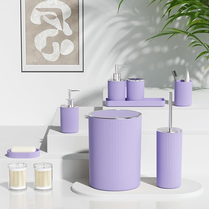 Purple Bathroom Accessories Set, 10PC Bathroom Set, Bath Accessory with Pop Up Trash Can, Soap Dispenser, Toilet Brush, Toothbrush Set Qtip Holders & Tray