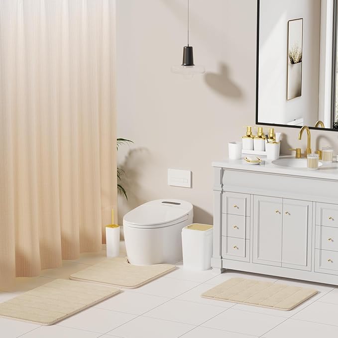 Bathroom Set - 27PC Bathroom Sets with Shower Curtain and Rugs, White Bathroom Set, White Bathroom Accessories Set with Push-lid Trash Can, Toilet Brush & Soap Dispensers