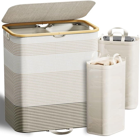 XLHOMO Double Laundry Hamper with Lid and Removable Bags, 150L Large Collapsible 2 Dividers Dirty Clothes Basket with Handles, Beige Double Laundry Basket Organizer for Bedroom,Laundry Room,College