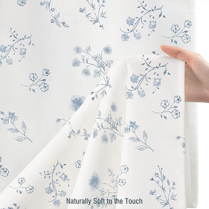 Blue Floral Farmhouse Vintage Cotton Shower Curtain, French Country Shower Curtains for Bathroom, 72Wx72H