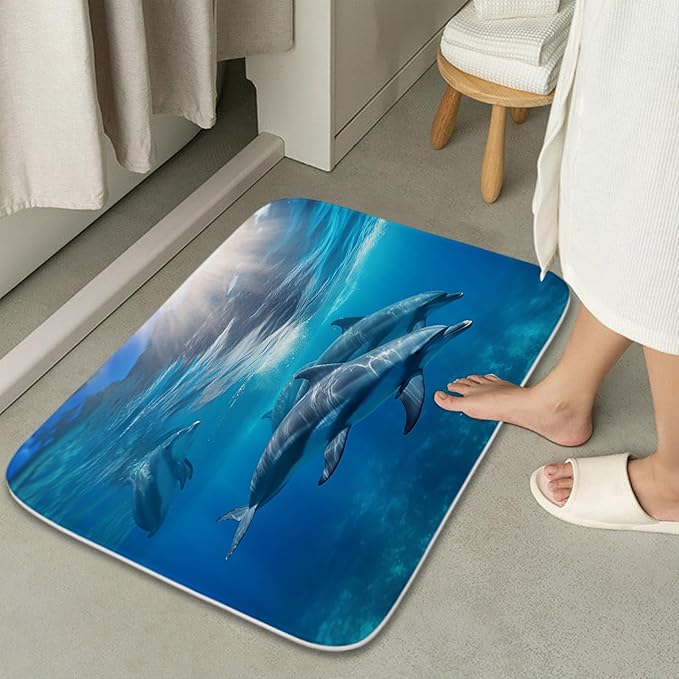 Sea Animals Undersea Dolphins Bathroom Rugs and Mats Sets 3 Piece, Memory Foam 20 x 31.5 inch Bath Mat, U-Shaped Contour Shower Mat Non Slip Absorbent Washable
