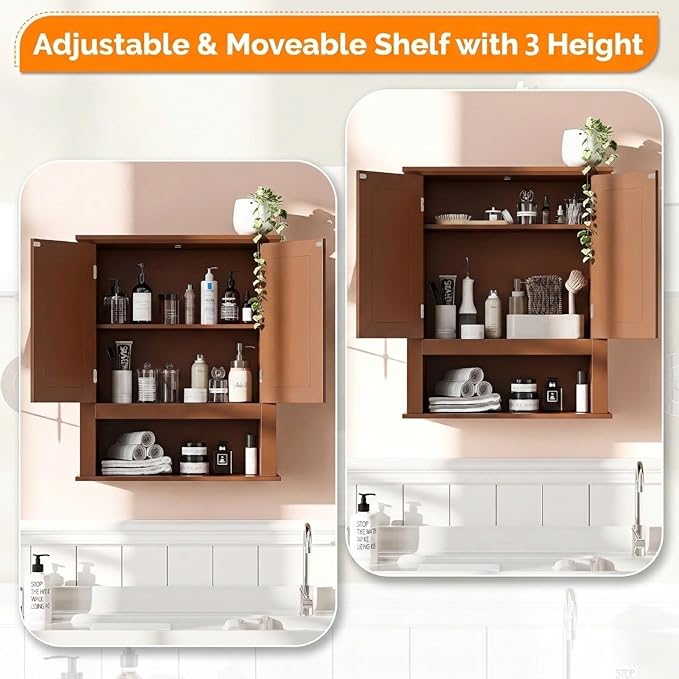 VINGLI Bathroom Wall Cabinet, Black Wall Mounted Storage Cabinet for Bathroom Over The Toilet, Medicine Cabinet with 2 Doors and 3-Height Adjustable Shelf & Open Shelf, Painted MDF, Space Saving