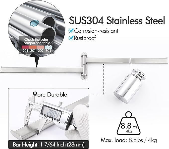 KES 19.5-Inch Bathroom Towel Rack, Swivel Towel Rack 2-Arm, Swing Out Double Towel Bar Wall Mounted, SUS304 Stainless Steel Brushed Finish, A2104S2L50-2