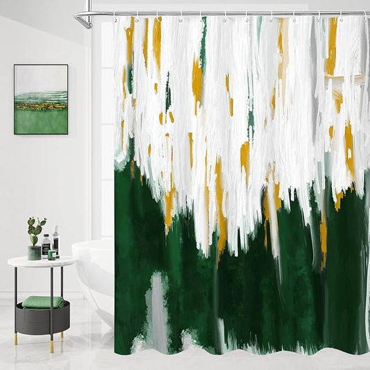 MitoVilla Dark Green & Gold Shower Curtains for Chic Modern Abstract Bathroom Decor, Emerald Green Fabric Shower Curtain, Brush Strokes Oil Painting Style, 72 x 72
