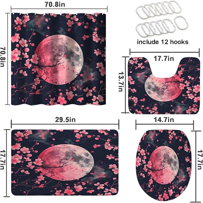 Cherry Blossoms Bathroom Shower Curtain Set with Rug, Toilet Lid Cover and Bath Mat, Pink Moon Japanese Anime Bathroom Shower Curtain with 12 Hooks Accessories Decorative