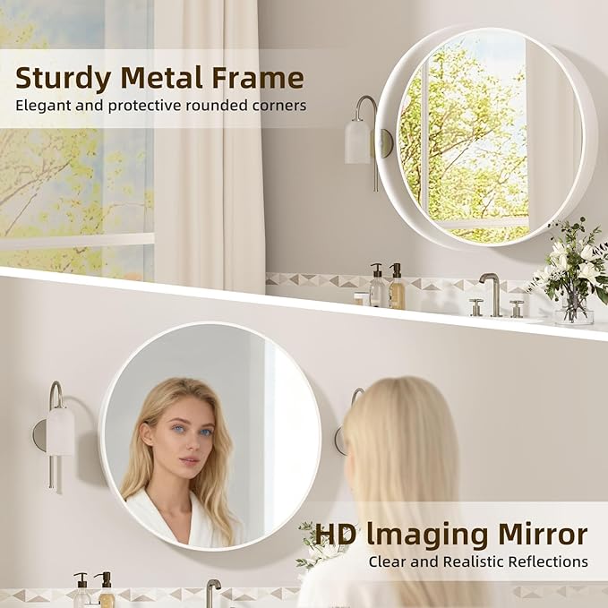 30 x 30 Inch Round White Mirror Medicine Cabinet Surface Mounted, Circular Modern Bathroom Medicine Cabinet with Mirror, Metal Framed Medicine Cabinets with Tempered Glass Mirror