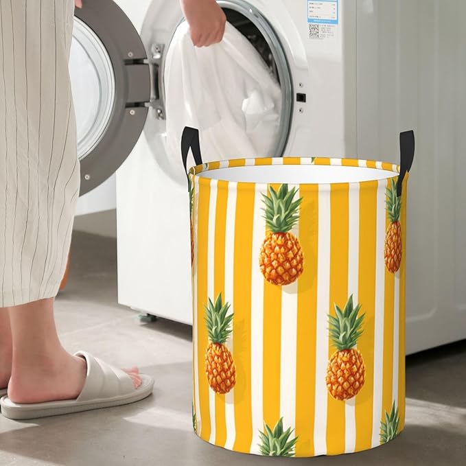Tropical Pineapple Pattern with Yellow Stripes, Polyester Storage Basket, For Bathroom/Laundry Storage/Bedroom 19.6x15.7 Inch