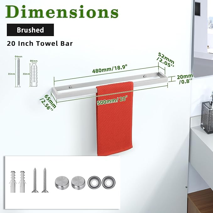 Alise 20 Inch Towel Bar,Towel Holder for Bathroom, Towel Racks for Lavatory,SUS304 Stainless Steel Hand Towel Hanger,Wall Mount Towel Rail,Brushed Finish