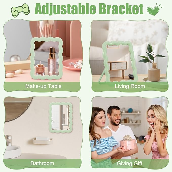 Desk Mirror, Wave-Shaped Adjustable Desk Vanity Makeup Mirror Office Cubicle with Eyebrows Tweezer, 6.7*5.3In Cute Travel Portable Folding Make Up Mirrors for Standing Hanging Home Decoration(Green)