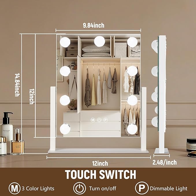 Moonee Vanity Mirror with Lights, Hollywood Lighted Makeup Mirror with 9 Dimmable Bulbs and 10X Magnification 360°Rotation, 3 Color Modes, Aluminum Metal Frame, Light Up Mirror for Tabletop（12" x 14"）