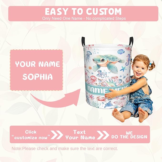Custom Turtle Laundry Baskets, Personalized Turtle Gifts with Customized Name, Collapsible Laundry Hamper for Kids Adults Home Decoration,16.5 X 13.8in